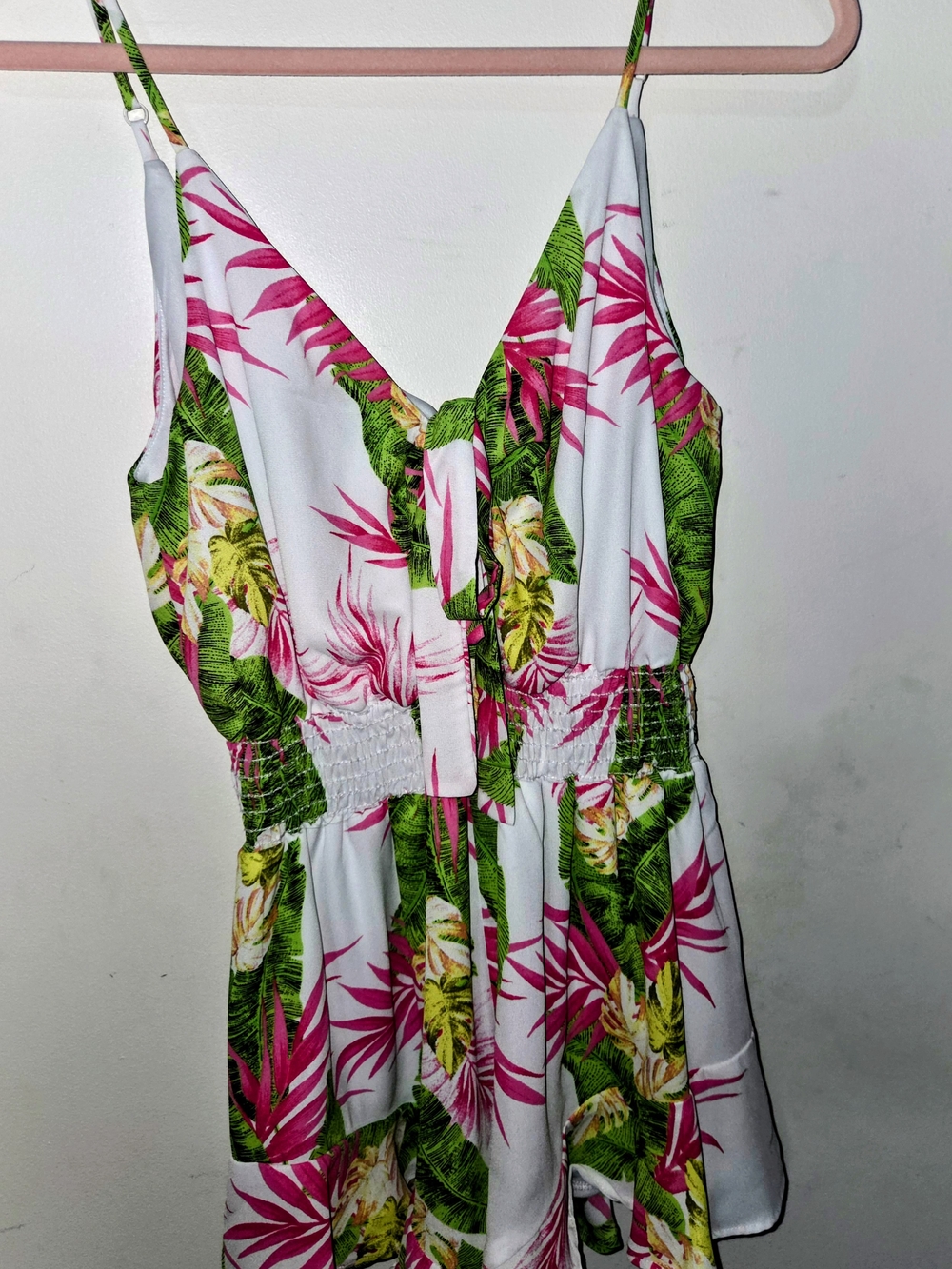 Caramel White Tropical Print Tie-Front Romper with Pink & Green Leaves